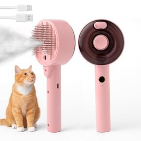 Cat Brush with Steam for Shedding & Grooming – Self Cleaning Deshedding Comb with Dual Mist Spray, Blue Light & 140° Curved Bristles – For Long-Haired Cats & Small Dogs