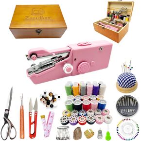 Handheld Sewing Machine with Elegant Wooden Sewing Box and 153-Piece Sewing Kit, Mini Portable Cordless Hand held Sewing Machine, Perfect for Adults, Beginners, and Quick Home Repairs