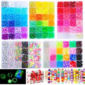 SJZWSD 5 Boxes Bracelet Making Kit Pony Beads, 6x9mm Kandi Rave Beads & Hair Beads Set with UV Color Changing, Glow-in-Dark, Chrome & Alphabet Letters for Friendship Jewelry DIY Crafts