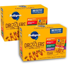 Pedigree Drizzlers Wet Dog Food Savory Sauce Multipack, 60g Dual-Serving Pouches, 32 Count, Pack of 2 (64 Pouches, 128 Servings Total)