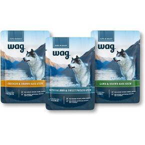 Amazon Brand - Wag Wet Dog Food Topper, Chicken, Lamb, and Salmon Stew in Gravy, 3.5 oz Pouches (Pack of 24)