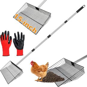 Large Chicken Poop Scooper,15 Inch Coop Scoop,Chicken Coop Rake with Stainless Steel Handle,4 in 1 Multifunctional Heavy Chicken Coop Accessories (Adjustable Long 25 inch to 71 inch)