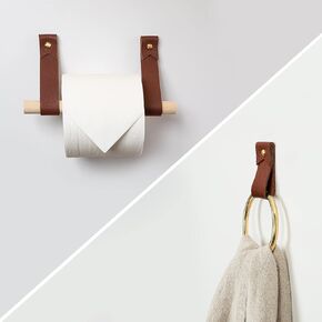 Leather & Wood Toilet Paper Holder + Hand Towel Ring hook wall strap modern powder room accessories set bathroom update easy installation