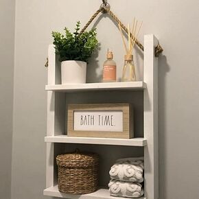Rope Hanging Ladder Shelf, Rustic Farmhouse Decor, Bathroom Decor