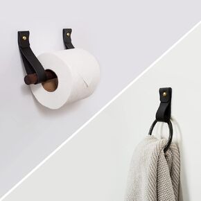 Dark Leather & Black Walnut Wood 2 Piece Bathroom Fixture Set Toilet Paper Holder Hand Towel Ring hook modern moody room style half bath
