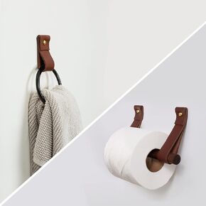 Small Bathroom 2 Piece Fixture Set Leather & Wood Toilet Paper Holder Black Hand Towel Ring hook wall strap modern minimal half bath design