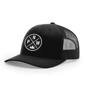Alterd Industries Pacific Northwest Gifts - PNW Baseball Snapback Trucker Hats with Leather Patch for Men and Women Outdoor Lifestyle Camping Hiking Trail Cap (Black/Black, PNW Mountains Lthr)