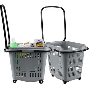 Xyskin 4PCS Large-Capacity Grocery Cart Laundry Basket on Wheels, Durable Plastic Shopping Baskets with Handle, Portable Basket Set for Supermarket, Retail Shop, Book Store, Laundry