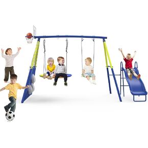 Swing Sets for Backyard,440 lbs Heavy-Duty 5-in-1 Outdoor Swing Set with Slide,Saucer Hammock,Hanging Seat,Soccer Goals and Basketball Hoop,Outdoor Playset for Kids