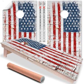 Cornhole Wraps for Boards Vinyl Decals (Set of 2) Lake Life - 25+ Designs Corn Hole Cornhole Wraps Stickers Cornhole Skins Cornhole Wraps for Boards (Boards Not Included) (Cracked Wood Flag)