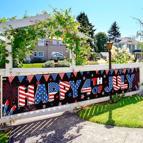 4th of July Decorations, Large Happy 4th of July Fence Banner, American Patriotic Hanging Decor USA Home Yard Porch Banner for US Independence Day Fourth of July Outdoor Party Decor Supplies