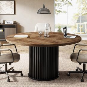 Tribesigns 47-Inch Round Conference Table, Meeting Table for 4-6 People, Small Office Desk with Sturdy Metal Base, Perfect for Conference Room or Small Workspaces, Brown + Black