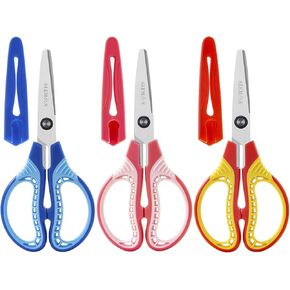 Kids Scissors 5.5 inch Right/Left Hand | Premium Stainless Steel, Blunt Tips, Safety Cover, Soft Grip, Non-Slip Ambidextrous Handles, Ideal for Crafts, School & Home Use, 3-Pack