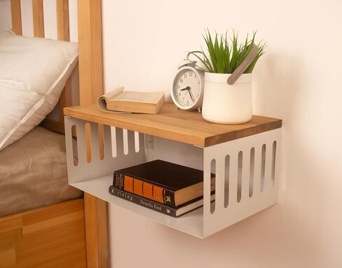 Floating Nightstand with White Metal Base, Wooden Top and Sturdy Metal Base, Minimalist Bedside Table, Wall Mounted Shelf, Bedside Shelf (MADRID) in Saudi Arabia