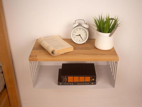 Floating Nightstand with White Metal Base, Wooden Top and Sturdy Metal Base, Minimalist Bedside Table, Wall Mounted Shelf, Bedside Shelf (MADRID) in Saudi Arabia