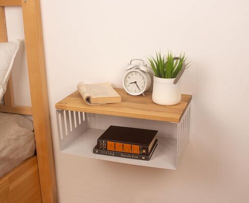 Floating Nightstand with White Metal Base, Wooden Top and Sturdy Metal Base, Minimalist Bedside Table, Wall Mounted Shelf, Bedside Shelf (MADRID) in Saudi Arabia