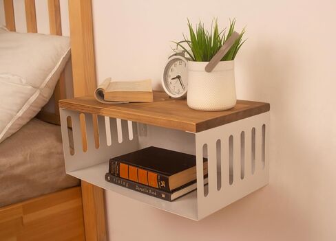 Floating Nightstand with White Metal Base, Wooden Top and Sturdy Metal Base, Minimalist Bedside Table, Wall Mounted Shelf, Bedside Shelf (MADRID) in Saudi Arabia