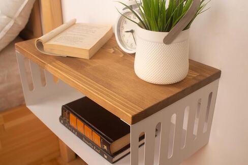 Floating Nightstand with White Metal Base, Wooden Top and Sturdy Metal Base, Minimalist Bedside Table, Wall Mounted Shelf, Bedside Shelf (MADRID) in Saudi Arabia