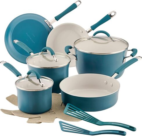 Rachael Ray Cucina Ceramic Nonstick Pots and Pans Set with Saucepans, Saute, Frying Pans, Stockpot, Lids, Pan Protectors, and Cooking Utensils, 13 Piece Non Stick Cookware Set - Marine Blue in Saudi Arabia