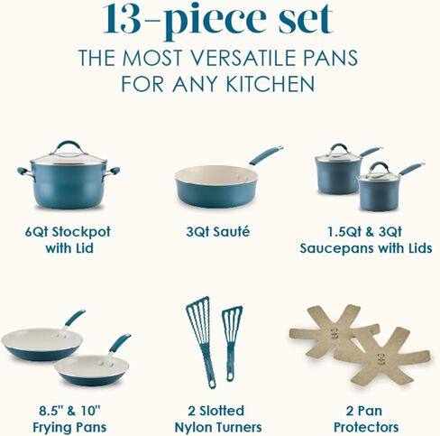 Rachael Ray Cucina Ceramic Nonstick Pots and Pans Set with Saucepans, Saute, Frying Pans, Stockpot, Lids, Pan Protectors, and Cooking Utensils, 13 Piece Non Stick Cookware Set - Marine Blue in Saudi Arabia
