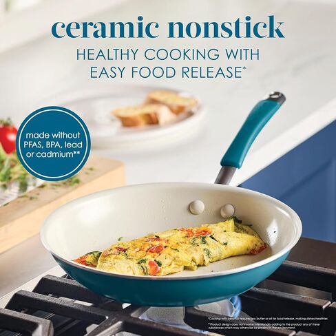 Rachael Ray Cucina Ceramic Nonstick Pots and Pans Set with Saucepans, Saute, Frying Pans, Stockpot, Lids, Pan Protectors, and Cooking Utensils, 13 Piece Non Stick Cookware Set - Marine Blue in Saudi Arabia