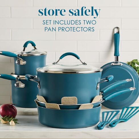 Rachael Ray Cucina Ceramic Nonstick Pots and Pans Set with Saucepans, Saute, Frying Pans, Stockpot, Lids, Pan Protectors, and Cooking Utensils, 13 Piece Non Stick Cookware Set - Marine Blue in Saudi Arabia