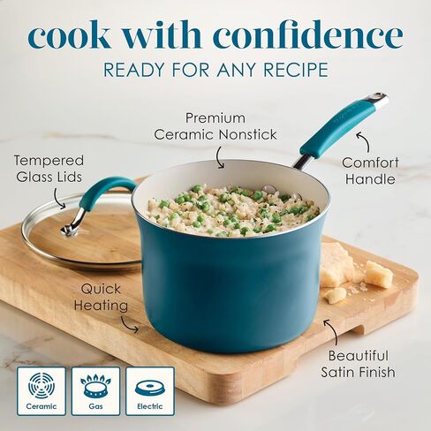 Rachael Ray Cucina Ceramic Nonstick Pots and Pans Set with Saucepans, Saute, Frying Pans, Stockpot, Lids, Pan Protectors, and Cooking Utensils, 13 Piece Non Stick Cookware Set - Marine Blue in Saudi Arabia