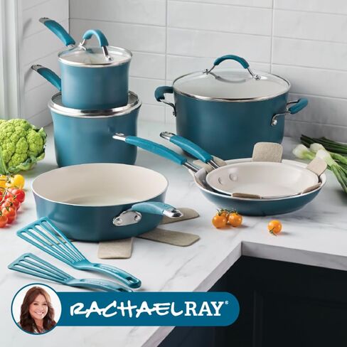Rachael Ray Cucina Ceramic Nonstick Pots and Pans Set with Saucepans, Saute, Frying Pans, Stockpot, Lids, Pan Protectors, and Cooking Utensils, 13 Piece Non Stick Cookware Set - Marine Blue in Saudi Arabia