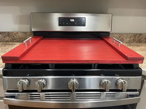 Handmade Wooden Industrial Farmhouse Stove Top Cover Serving Tray with Silver Matte Handles (Unfinished) (Barn Red) in Kuwait