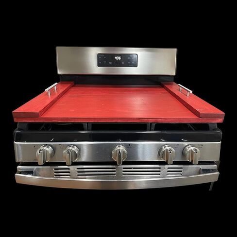 Handmade Wooden Industrial Farmhouse Stove Top Cover Serving Tray with Silver Matte Handles (Unfinished) (Barn Red) in Kuwait