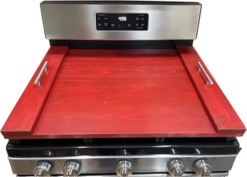 Handmade Wooden Industrial Farmhouse Stove Top Cover Serving Tray with Silver Matte Handles (Unfinished) (Barn Red) in Kuwait
