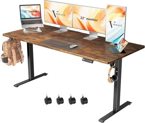63 x 28 inch Electric Standing Desk Adjustable Height with 4 Wheels, 4 Memory Height Settings, 2 Headphone Hook, for Home Office, Splice Board Brown in Saudi Arabia