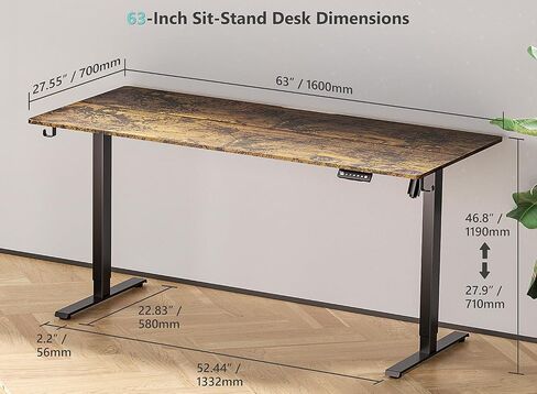 63 x 28 inch Electric Standing Desk Adjustable Height with 4 Wheels, 4 Memory Height Settings, 2 Headphone Hook, for Home Office, Splice Board Brown in Saudi Arabia