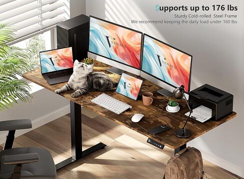 63 x 28 inch Electric Standing Desk Adjustable Height with 4 Wheels, 4 Memory Height Settings, 2 Headphone Hook, for Home Office, Splice Board Brown in Saudi Arabia