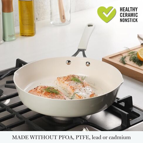 Martha Stewart Heathland Premium Nonstick PFA Free Ceramic Interior 10-Piece Tapered Aluminum Cookware Set - Linen White in Saudi Arabia