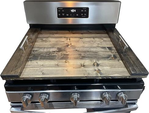 Handmade Wooden Industrial Farmhouse Stove Top Cover Serving Tray with Silver Matte Handles (Unfinished) (Barn Red) in Kuwait
