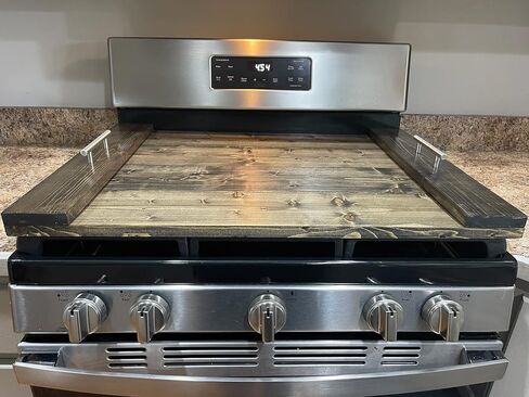Handmade Wooden Industrial Farmhouse Stove Top Cover Serving Tray with Silver Matte Handles (Unfinished) (Barn Red) in Kuwait