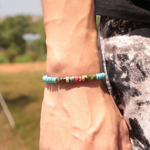 SofiaCreations Handmade Turquoise Sea Sediment Jasper Wooded Wood Beads Boho Vintage Stretch Bracelet, Healing Protection Balance Bracelet for Women Men (Jasper + Wood) in Saudi Arabia