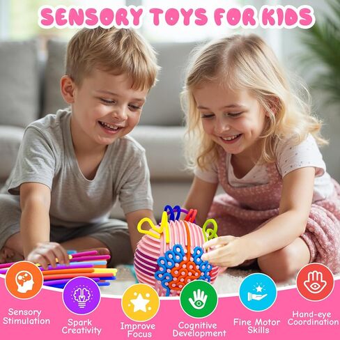 أطفال تململ الأطفال القلق البالغين ، كرة نشاط حسية ثلاثية الأبعاد لأدوات التوحد ADHD مع 24 سلاسل حقيبة محمولة ، طفل Toddler Tower Airplane Roadtrip for Boy Girl Girl Gift (Pink) in Kuwait