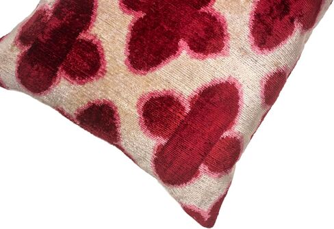 Burgundy and Pink Quatrefoil Ikat Pillow - Handmade Silk Velvet Cushion with Ornate Pattern for Chic Interiors in Saudi Arabia