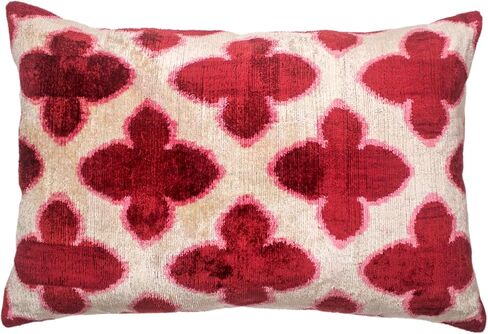 Burgundy and Pink Quatrefoil Ikat Pillow - Handmade Silk Velvet Cushion with Ornate Pattern for Chic Interiors in Saudi Arabia