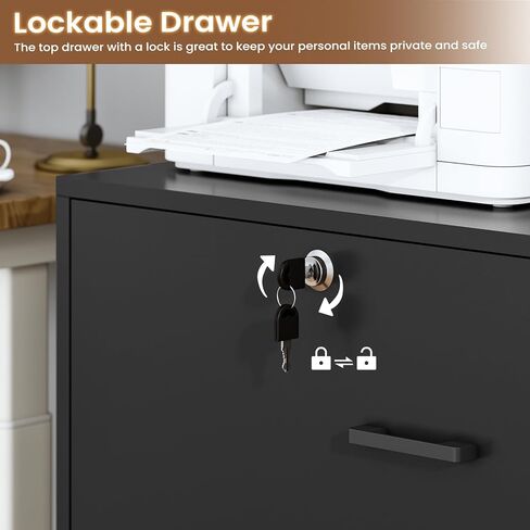 خزانة ملفات درج SEDETA 2 مع محطة القفل والشحن ، خزانة الملفات التي تناسب رسالة ، قانوني ، حجم A4 ، خزائن الملفات الخشبية للمكتب المنزلي مع رف الكتب ، حامل الطابعة مع رف التخزين ، الأسود in Kuwait