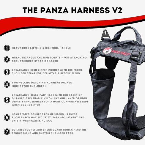 Fido Pro Panza Harness V2 with Deployable Emergency Rescue Sling - Medium to X-Large Dog Harness with Pockets, Climbing Buckles, Lifting Handle - Hiking Gear - Fits 30-150 lbs (Red) in Kuwait