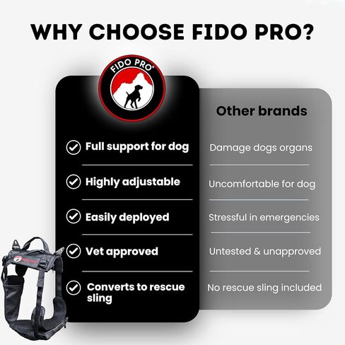 Fido Pro Panza Harness V2 with Deployable Emergency Rescue Sling - Medium to X-Large Dog Harness with Pockets, Climbing Buckles, Lifting Handle - Hiking Gear - Fits 30-150 lbs (Red) in Kuwait