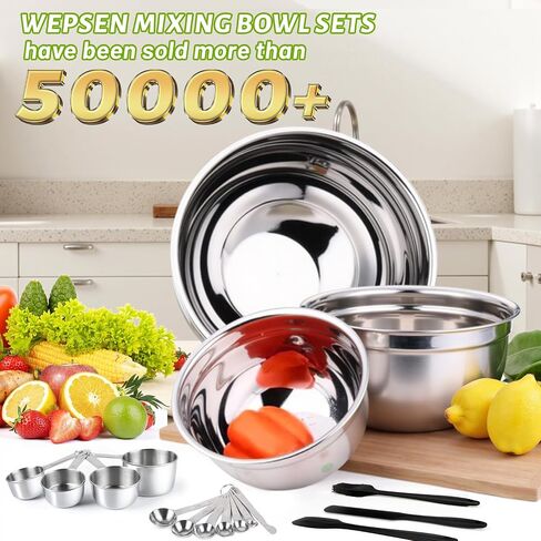 WEPSEN 5-Speed Electric Hand Mixer, 4 Large Mixing Bowls Set, Handheld Mixers with Whisks Beater, Stainless Steel Metal Nesting Bowl Measuring Cups Spoons Kitchen Cake Blender for Baking Supplies in Saudi Arabia
