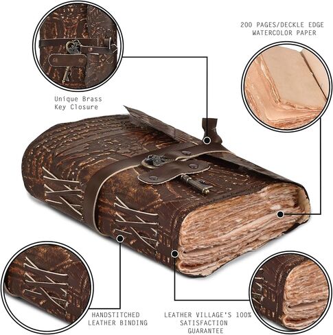 مجلة جلدية عتيقة للنساء والرجال - 200 صفحة - 6 × 4 (A6) بوصة - ورق حافة بخمسة ألوان بوزن 180 جرامًا لكل متر مربع - كتاب الظلال - مجلة جلدية بنية اللون من ليذر فيليدج in Kuwait