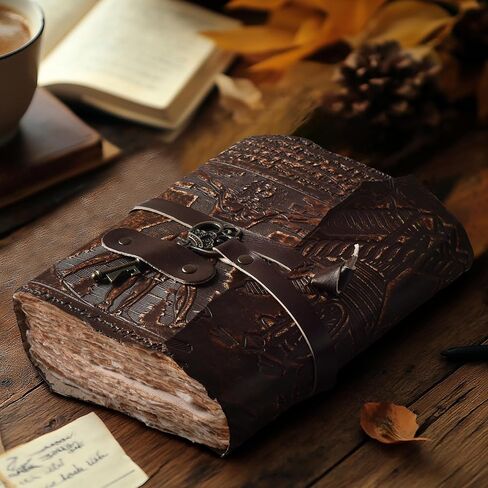 مجلة جلدية عتيقة للنساء والرجال - 200 صفحة - 6 × 4 (A6) بوصة - ورق حافة بخمسة ألوان بوزن 180 جرامًا لكل متر مربع - كتاب الظلال - مجلة جلدية بنية اللون من ليذر فيليدج in Kuwait