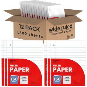 Notebook Paper, Loose Leaf Paper, Wide Ruled Notebook, 10.5" x 8" Filler Paper, 56 gsm, 1800 Sheets, 150 Per Pack (12 Pack)