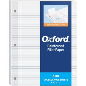Oxford Reinforced Filler Paper, 8.5 x 11 Inch, College Rule, 3 Hole Punched, Lined Loose Leaf Paper for Ring Binders, 100 Sheets, White (1002097)