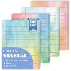 500 Sheets 8" × 10.5" Colored Wide Ruled Filler Paper for Letter Size 3-Ring Binder 11/32" Spacing Colored Loose Leaf Paper Wide Ruled Paper Refills 3-Hole Punched Watercolor 80GSM for School Office